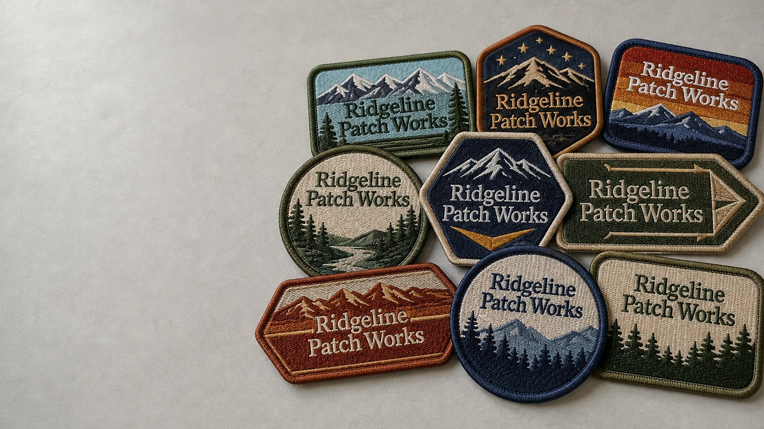 Custom embroidered iron on patches laid out on a work table
